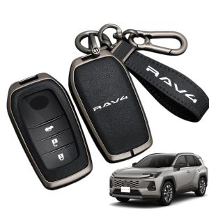 トヨタ 新型 RAV4 60 系（2025 年 12 月〜）対応 本革風レザー スマートキーケース 2/3 ボタン 傷防止 亜鉛合金フレーム(ガンメタ×ブラック RAV4適用)