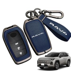 トヨタ 新型 RAV4 60 系（2025 年 12 月〜）対応 本革風レザー スマートキーケース 2/3 ボタン 傷防止 亜鉛合金フレーム(ガンメタ×ブルー RAV4適用)