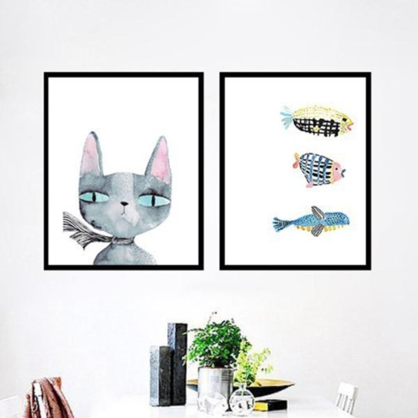 サラデママ 猫と魚のイラストポスター A4サイズ 2枚セット フレーム別売 子供部屋用 かわいいキャ...
