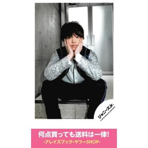 吉澤閑也(Travis Japan トラビスジャパン) 公式生写真 ジャニーズJr.ロゴ・ジャニーズアイランドストア オフショット・衣装銀×青×黒・両手顔・座り｜arraysbook