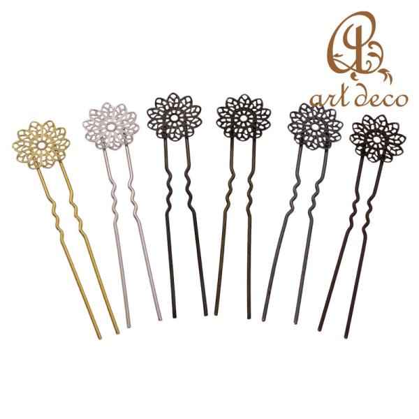 かんざし 簪 髪飾り 花型 透かし スカシ 10本 全長80mm つまみ細工 アクセサリー パーツ ...