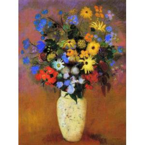 複製画 送料無料 絵画 油彩画 油絵 模写ルドン「青い壺とミモザ
