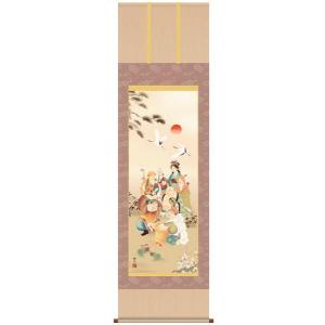 掛け軸 開運 掛軸 七福神 飛鶴 赤富士」尺五最高品質 尺五 水墨山水