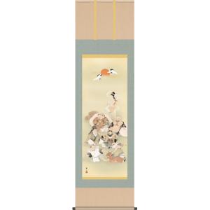 月 庵 筆 絹本彩色画 祝い軸 【七福神に富士図 】 軸先紫檀 月 庵 筆 絹本彩色画 祝い軸 【七福神に富士図 】 軸先紫檀