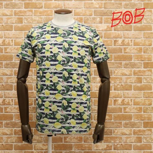 【アウトレット73％OFF】BOB イタリア製Tシャツ レモン＆ボーダー柄プリント ガーメントダイ ...