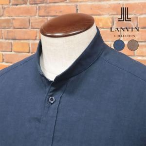 春夏 LANVIN COLLECTION バンド襟シャツ さっぱり 麻リネン100％ 無地 ウォッシュ加工 日本製 長袖 胸ポケット ヌケ感 ラフ メンズ カジュアル｜アートフィッシュ