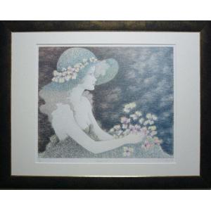 岡本 よし美 絵画 版画 木版画 人物画 花女童 送料無料 : アートフジ