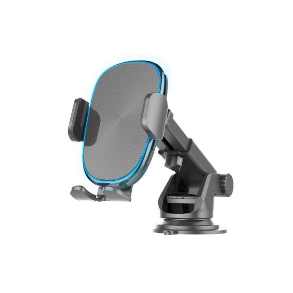 QI自動開閉ホルダー イルミライト付 手帳対応 吸盤取り付け ワイヤレス 充電器 黒 吸盤 縦横 回...