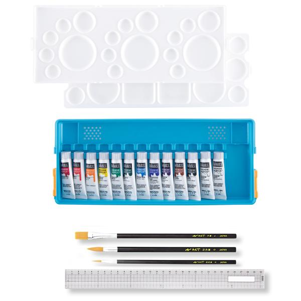 ＜当店オリジナル＞ リキテックス ガッシュ・アクリリック プラスG4 Bセット 筆3本 定規付