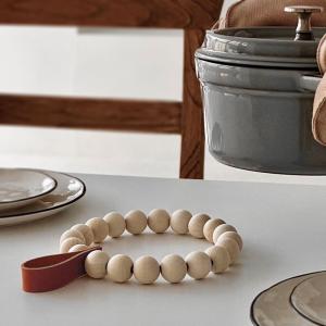 レザーベルト付き ウッドビーズ（白木）鍋敷き 本革使用