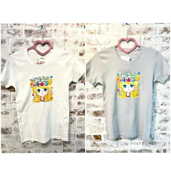 【水森亜土】半袖Tシャツ「お花の少女」綿100％/オーガニックコットン/亜土ちゃん/Tシャツ/キャラ...