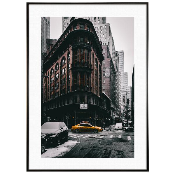 アメリカ写真 ニューヨーク 雪が残るビーバーストリートを走るイエローキャブ インテリア アート額装S...