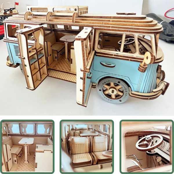 子供のためのレトロな3D木製パズル バス ヨーロピアンスタイル 組み立てられた車 モデル DIY ギ...