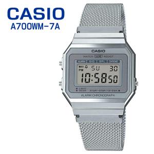 カシオ CASIO A700WM-7A 並行輸入品 腕時計 メンズ レディース デジタル シルバー ホワイトフェイス メッシュバンド クラシック レトロウォッチ スリム