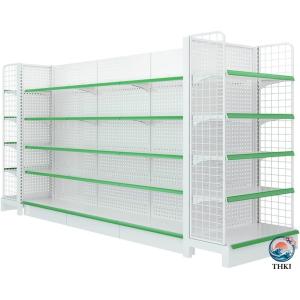 大型スーパーマーケットの陳列棚、頑丈な収納棚、金属製の棚ユニット、ディスプレイスタンド、スーパーマーケットの棚