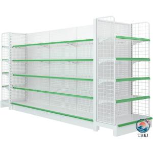 大型スーパーマーケットの陳列棚、頑丈な収納棚、金属製の棚ユニット、ディスプレイスタンド、スーパーマーケットの棚