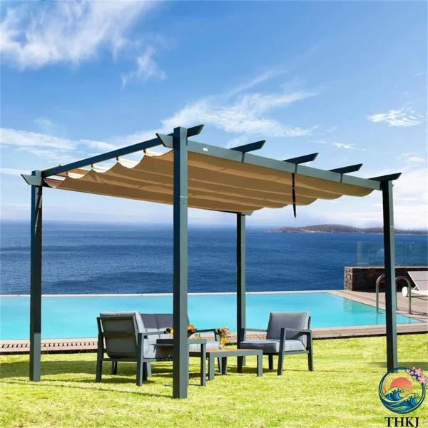 格納式キャノピーシェード付き屋外パーゴラ、アルミフレームキャノピー高耐久屋外格納式パーゴラ、サンシェ...