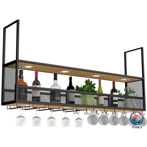 スポットライト、金属壁吊り壁棚のボトル、グラス収納ラックを備えたレトロ天井マルチファンクションワイン...