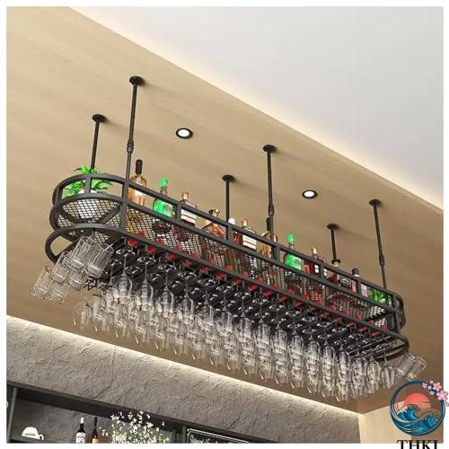壁掛け式ワインラック - ガラスフック付き多層鉄製棚、キッチン、バー、カフェ用の調節可能な収納 - ...
