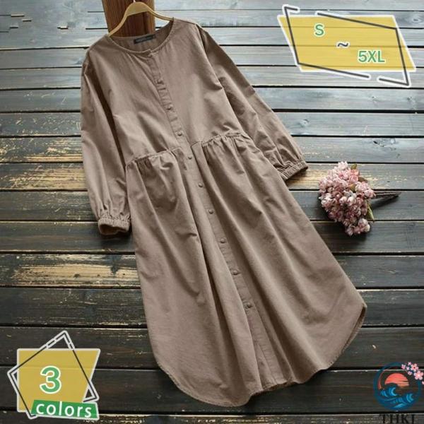 ワンピース 綿麻混 ドレス レディース ワンピース トップス ロングシャツ チュニック 春夏 シャツ...
