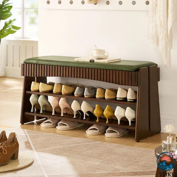 クッション付き木製シューズベンチ、隠し引き出し付き玄関収納ベンチ、玄関、廊下、寝室用シューズラックオ...