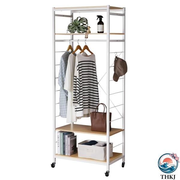 頑丈 木製 棚付き ハンガーラック ホワイト 耐荷重 80kg 棚 4段 キャスター付き 幅 77....