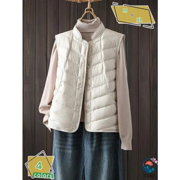 ダウンベスト レディース ライトアウター 防寒 ナイロン ダウン80% ノーカラー 軽量 インナー ...