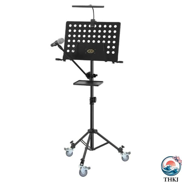 譜面台 軽量 コンパクト 車輪/トレイ/ライト/ラック付き 楽譜スタンド 楽譜立て 高さ調整80〜1...