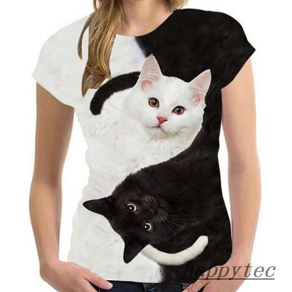 Tシャツ レディース イラスト 可愛い 3D 猫 Tシャツ 半袖 男女兼用 薄手 ねこ 白 レディー...