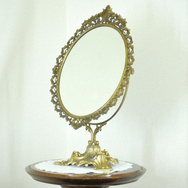 ＃8575ミラー アンティーク雑貨 スタンド 卓上 鏡 フランス原産 ブラス 欧州アンティーク市場 ...
