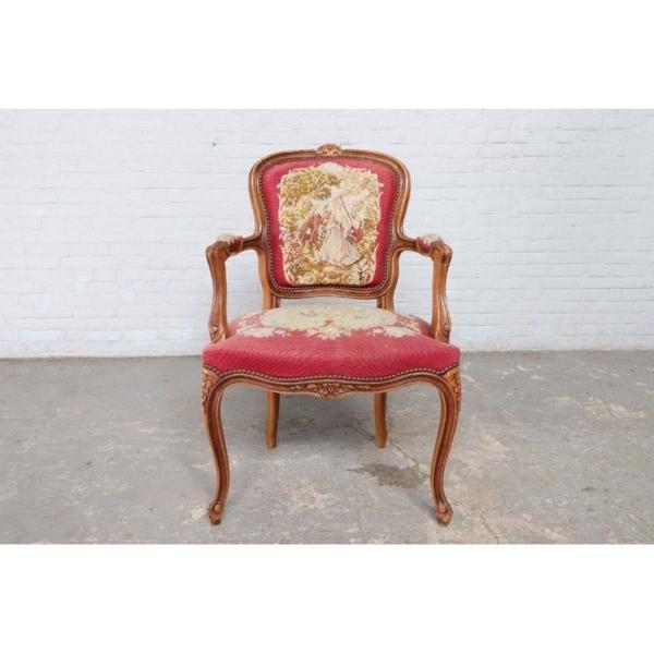 ベルギー タペストリー アームチェア 1940年代 ウォールナット製 欧州アンティーク市場