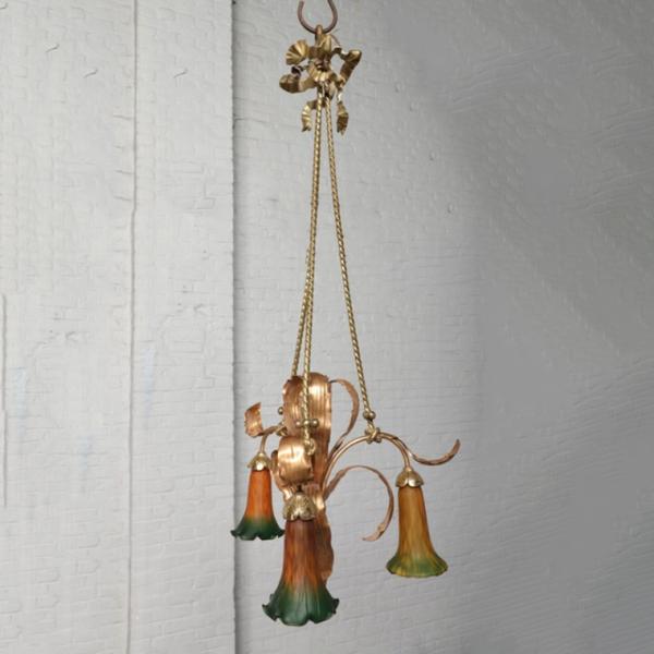 ＃9677 アンティーク照明ガラスシェードシャンデリア3灯1930年代フランス原産 PSE表示品 P...