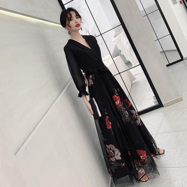 ロングドレス 演奏会 ドレス 大人 ピアノ 発表会 結婚式 母親 パーティードレス 黒 ブラック ワ...