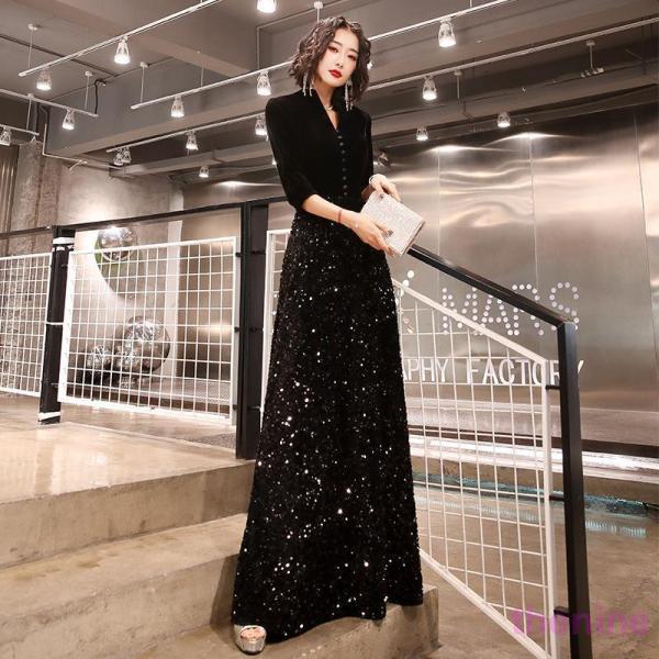 ロングドレス 母親 結婚式 演奏会用ドレス 袖付き 大人 ピアノ 発表会 キラキラ パーティー ワン...