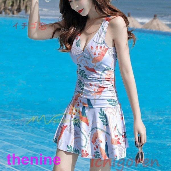 水着 レディース ワンピース 体型カバー ママ オトナ女子 露出控えめ Vネック キャミソール プリ...