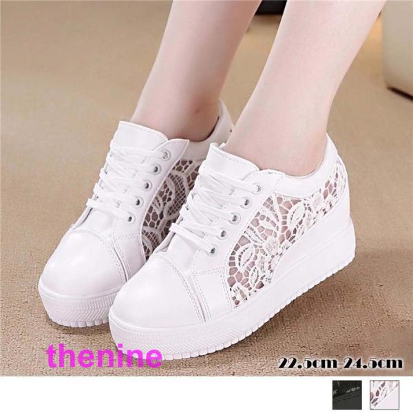 インヒールスニーカー レディース レースシースルー切り替え シューズ 厚底 靴 痛くない