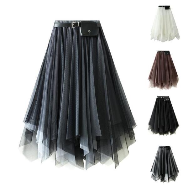 チュールスカート プリーツスカート レディース 体型カバー 春 秋 ハイウエスト ロング丈 フレア