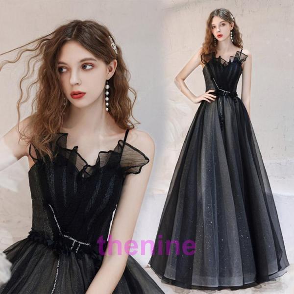 イブニングドレス 黒 ロングドレス キャミドレス ブラック 発表会ドレス 演奏会ドレス チュール パ...