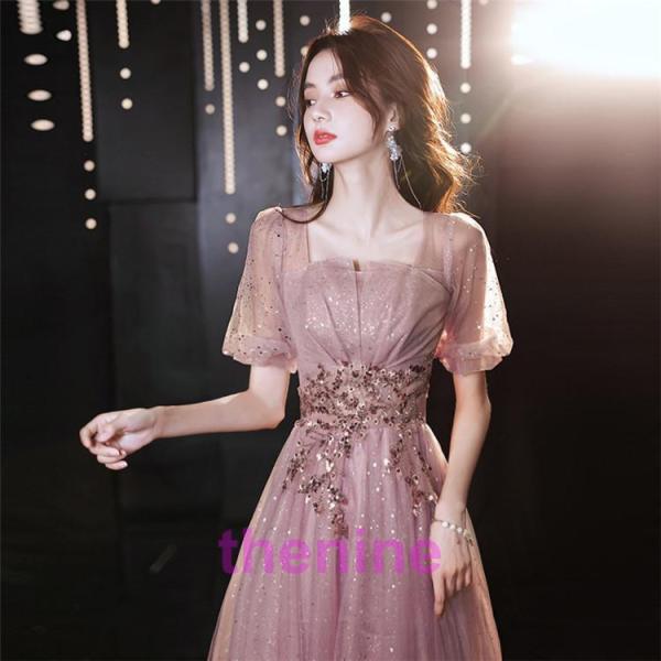 イブニングドレス パーティードレス ロングドレス 発表会ドレス パフスリーブ Aライン ロング丈 二...