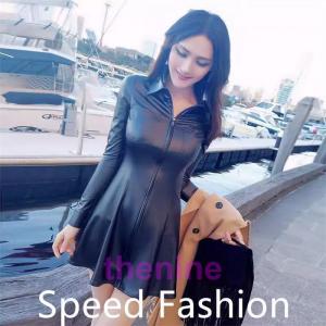 レザーワンピース秋冬 革ワンピースフェイクレザー長袖aラインフレア