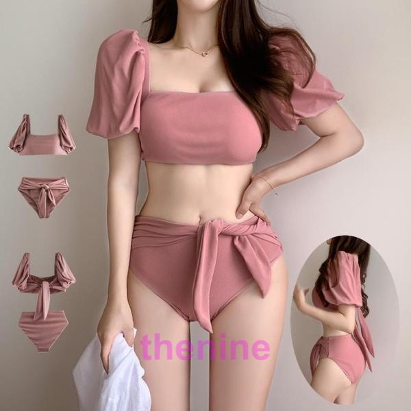 水着 上下セット 2点セット セパレート レディース スイムウェア パフスリーブ 半袖 リボン ウエ...