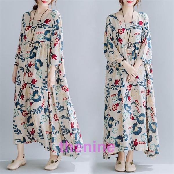 ワンピース レディース 春夏 ロング丈 花柄ワンピース 5分袖 フレア 新作 ドロップショルダー お...