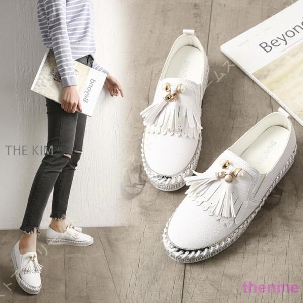 ビジュー付 スリッポンスニーカー パール キラキラ 厚底 フラットシューズ ウェッジソール プレーン...