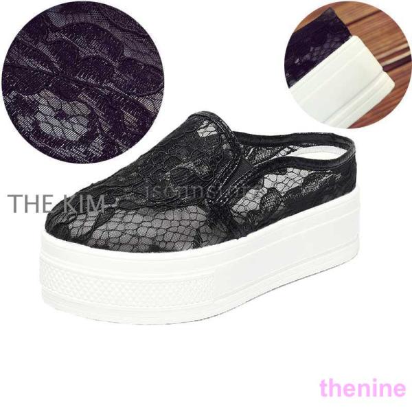 レース刺繍 メッシュ スリッポン かかとなし スニーカー 厚底 レディース ウエッジソール プラット...