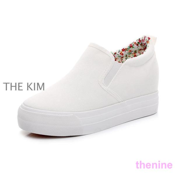厚底スニーカーシューズレディース靴夏白花柄インヒールキャンバスカジュアルぺたんこスリッポン靴美脚疲れ...