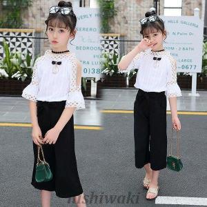 子供服 セットアップ キッズ 女の子 半袖 春夏 2点セット 上下セット Tシャツ 肩出し 薄手 ガウチョパンツ ジュニア おしゃれ カジュアル 可愛い 涼しい 新品｜asahistore