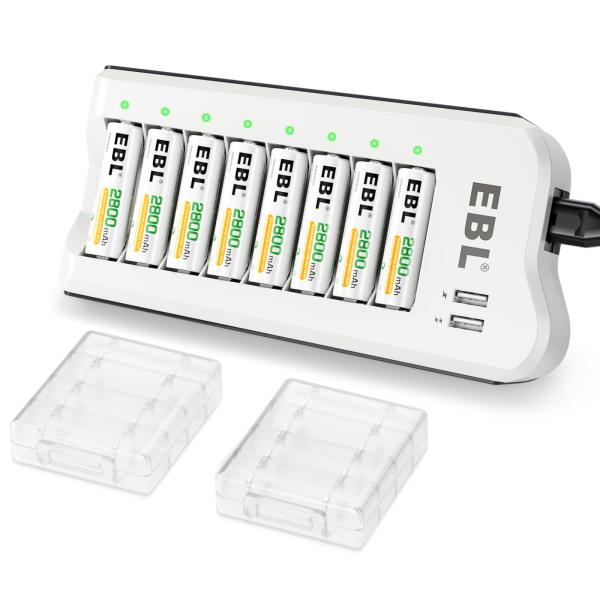 EBL 単3充電池充電器セット 8スロット充電器+単三充電池（2800mAh*8）セット　単3/単4...