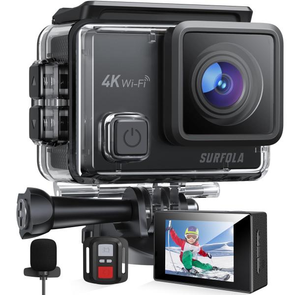 Surfola アクションカメラ-4K 2000万画素 水中カメラ 外部マイク リモコン付き WiF...