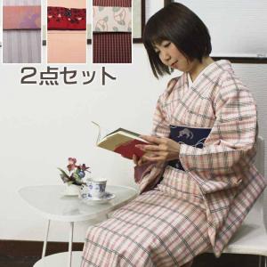 洗える着物 夏きもの 絽 コーディネートセット 4点 M ネイビー 紫 牡丹
