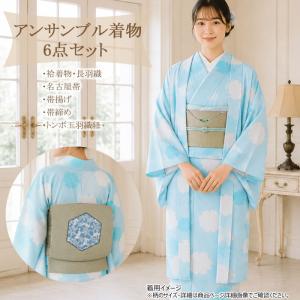 夏着物　絽　訪問着　フルセット　洗える着物　夏帯　夏帯締め　夏帯揚げ 洗える着物 夏きもの 絽 コーディネートセット 4点 M ネイビー 紫 牡丹